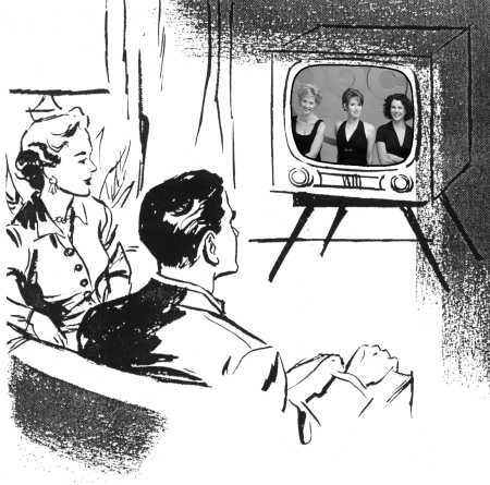 (artwork of couple watching 'Townies' on TV)